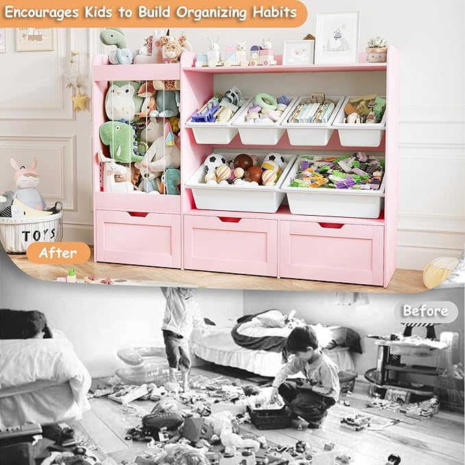 VortinT Kids Stuffed Animal Storage, 50.6" W Large Toy Organizer Shelf with 6 Plastic Bins, 3 Rolling Box, Wooden Toddler Toy Bookshelf Organization Shelves for Play Room, Nursery (Pink)