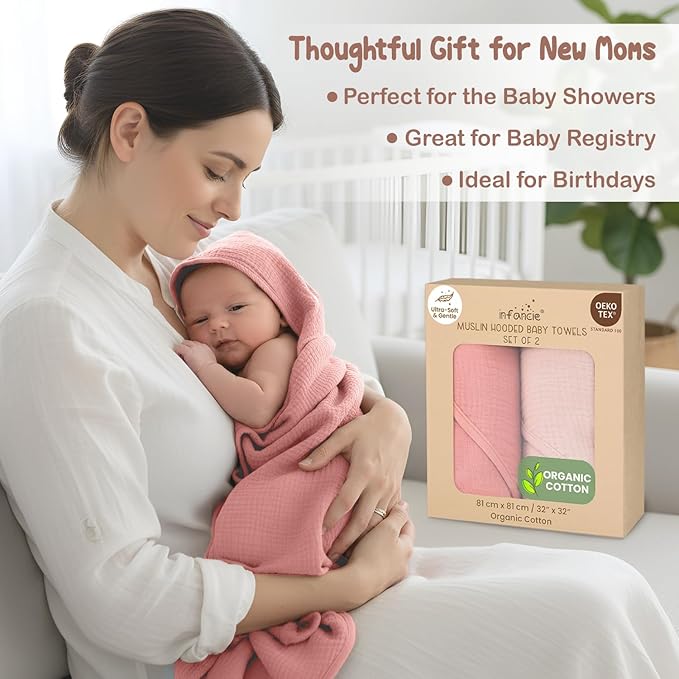 Organic Cotton Muslin Baby Hooded Towels - 32x32 Inch, 2 Pack Newborn Bath Towels for Boys & Girls, Soft & Absorbent Bath Set (Rose/Peach)