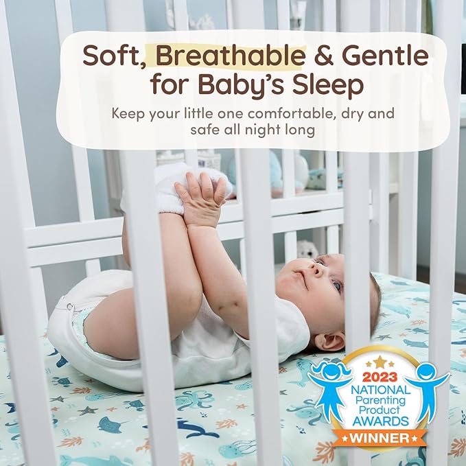 Ocean Crib Sheets for Boys & Girls Toddler Bed Sheets Cotton Fitted Crib Sheet Nautical Sets 28"x52", 8" Deep Pocket, Baby Mattress Sheet 2Pack 100% Cotton, Designed in France, Ocean Stars, Teal White