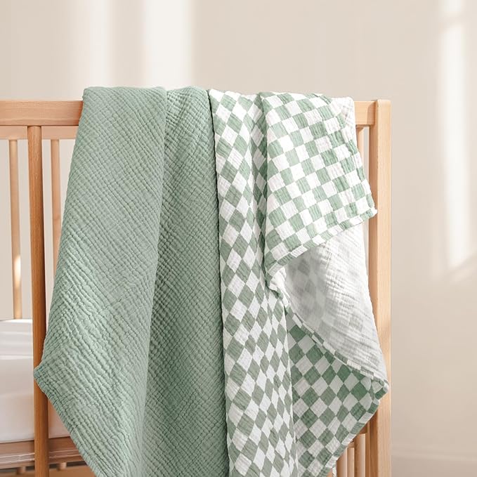 lulumoon Muslin Swaddle Blankets for Baby: Soft Cotton Newborn Receiving Blankets - Plaid Print Nursery Gift Set for Baby Girls(SagePlaid)