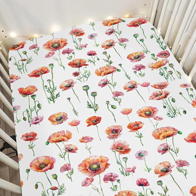 Watercolor Poppies Flowers Baby Crib Sheets for Boy Girl 28"x52" Red Poppies Green Leaves Soft Snug Fitted Crib Mattress Cover Spring Summer Floral Baby Sheet for Standard Crib & Toddler Mattress
