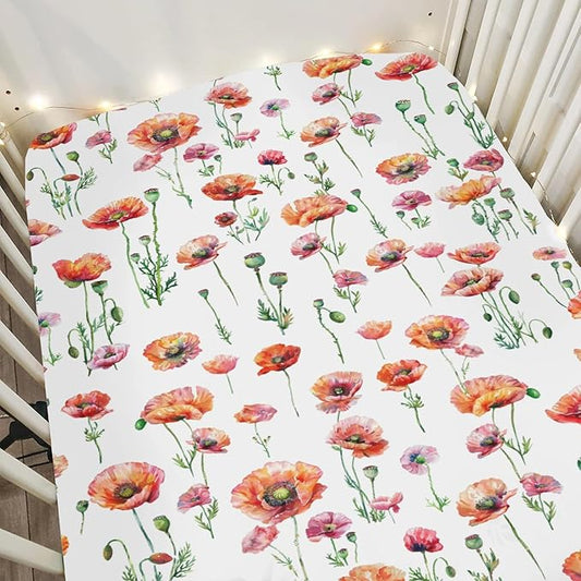Watercolor Poppies Flowers Baby Crib Sheets for Boy Girl 28"x52" Red Poppies Green Leaves Soft Snug Fitted Crib Mattress Cover Spring Summer Floral Baby Sheet for Standard Crib & Toddler Mattress