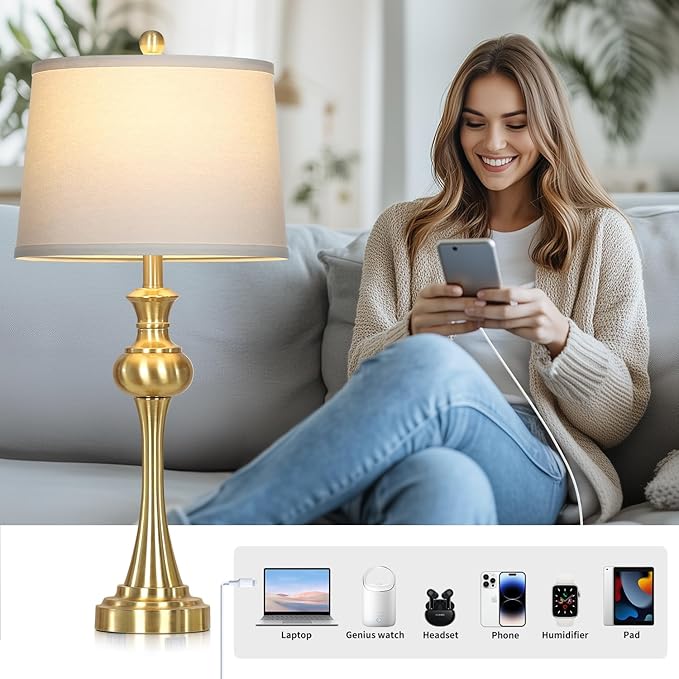 Cinyirong 28.75" Gold Table Lamps for Living Room,Touch Lamps for Bedrooms Set of 2 - Nightstand Table Lamp with USB C+A, 3 Way Dimmable Bedside Lamps End Tables, Antique Brass