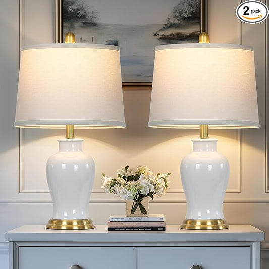 LUXEFLOW White Ceramic Table Lamps Set of 2, 23" Modern Ceramic Bedside Lamps with Ginger Jar Design, Farmhouse Lamp for Living Room End Table, Elegant Bedroom Lamp for Nightstand Desk Side Home Decor
