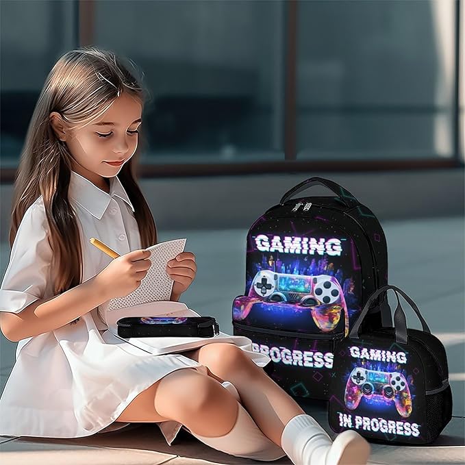 COZYAURA Backpacks for Boys - 3Pcs Video Gaming Bookbag for Kids - Gamer School Bag for Boys - Kids Backpacks with Lunch Box Pencil Case Set