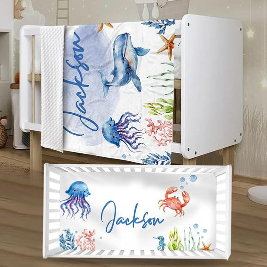 Personalized Baby Crib Bedding Set 2-Pcs, Custom Name Marine Animals Baby Bedding Set - Soft Double Layer Dotted Blanket and Fitted Sheet, Nursery Bedding for Newborn Boys Girls, Perfect Shower Gift