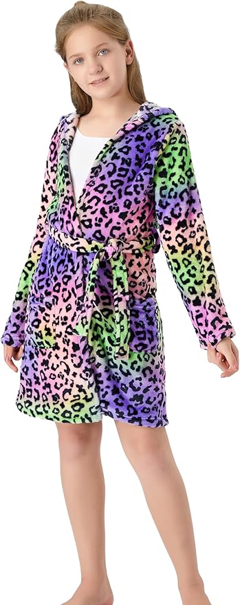 Topgal Leopard Cat Robe for Girls Fleece Toddler Kids Teen Hooded Bathrobe Size 4T-18
