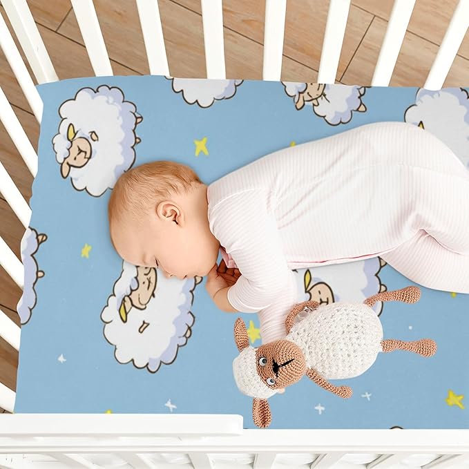 Sheep and Stars Blue Crib Sheets Standard Crib Toddler Mattresses Cover Fitted Baby Bed Sheet Breathable Crib Mattress Sheet for Girls Boys 39''x27''x9''