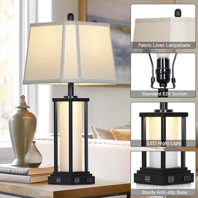 Cinkeda 27" Tall Vintage Table Lamp Set of 2 with USB C+A & Outlet,Black Industrial End Table Lamp for Living Room,Farmhouse Rustic Bedside Lamps with Bell Lampshades for Bedroom Nightstand,Black