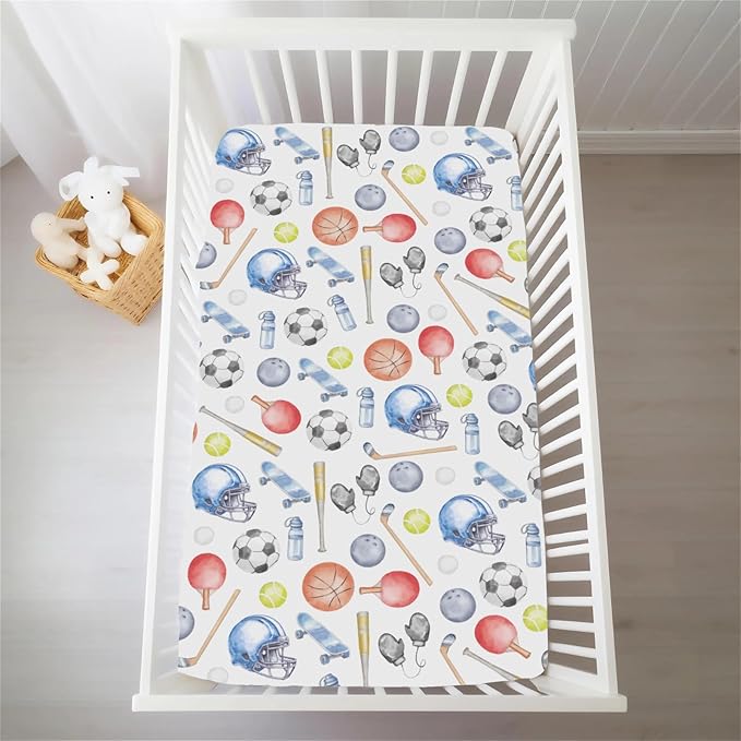 Watercolor Sport Baby Crib Sheets for Boys Soccer Basketball Baseball Golf Tennis Soft Snug Fitted Crib Mattress Covers for 52''x28'' Standard Crib & Toddler Mattress Boys Sports Lovers Gift Bed Sheet