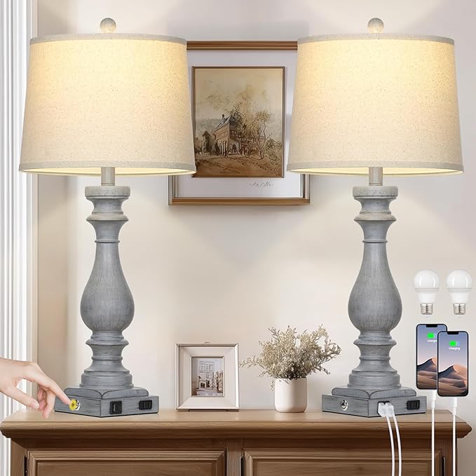 Cinkeda 29" Tall Farmhouse Table Lamp for Living Room Set of 2,Vintage Retro Nightstand Lamps with USB C+A Ports & AC Outlet,3-Way Dimmable Touch Bedside Lamp for Bedroom Side Table,Light Grey