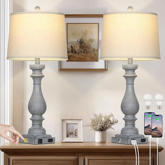 Cinkeda 29" Tall Farmhouse Table Lamp for Living Room Set of 2,Vintage Retro Nightstand Lamps with USB C+A Ports & AC Outlet,3-Way Dimmable Touch Bedside Lamp for Bedroom Side Table,Light Grey