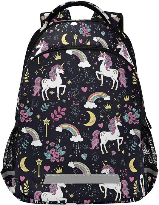 MNSRUU School Backpack with Chest Strap, Cute Unicorn Rainbow And Diamond Purple Laptop Backpack, Travel Hiking Backpack for Boys Girls, Rucksack, Knapsack One Size