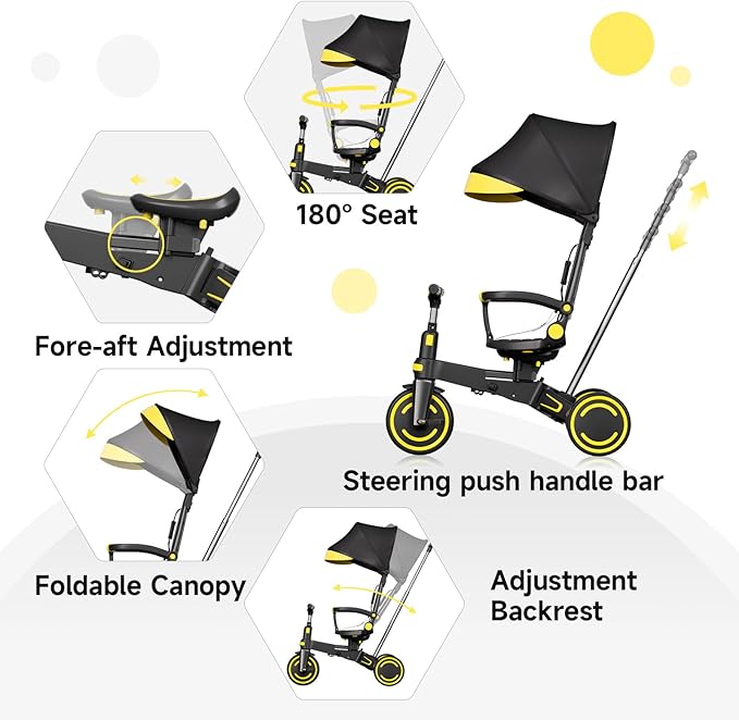 WinHope 9-in-1 Push Tricycle for Toddlers 1-3 Years | Convertible Kids Trike with Adjustable Parent Handle & Safety Harness, Lightweight Foldable Design + Storage Basket for Boys & Girls (Black)