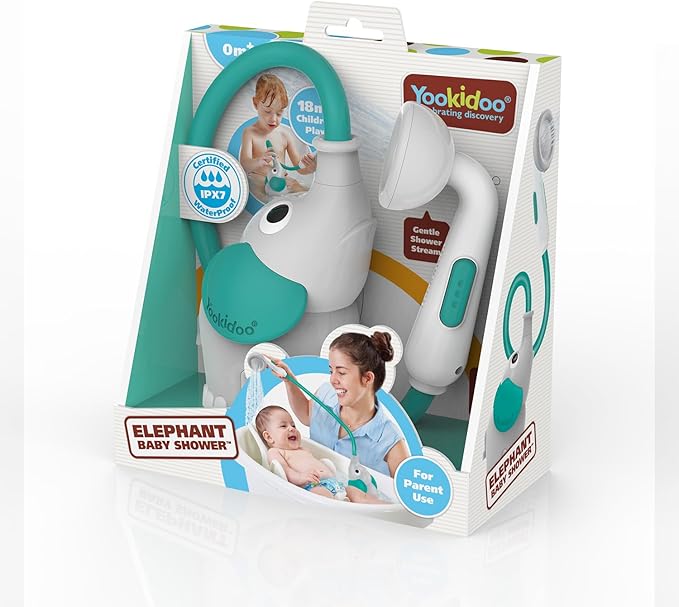 Yookidoo Baby Bath Shower Head - Elephant Water Pump with Trunk Spout Rinser - Control Water Flow from 2 Knobs for Maximum Fun in Tub or Sink for Newborn Babies (Grey and Forest Green)