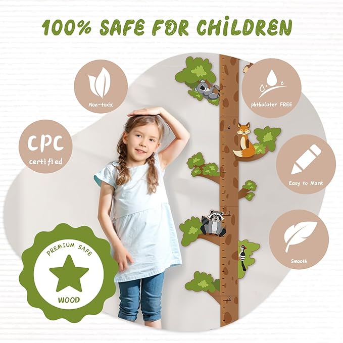 Woodemon Wooden Surfboard Wall Decor Growth Chart,Tree Art Decor for Kids Room, Wood Tree Kids Sizing Chart, Height Board Cute Decor, Nursery Growth Chart Ruler Measuring Board for Boys Girls