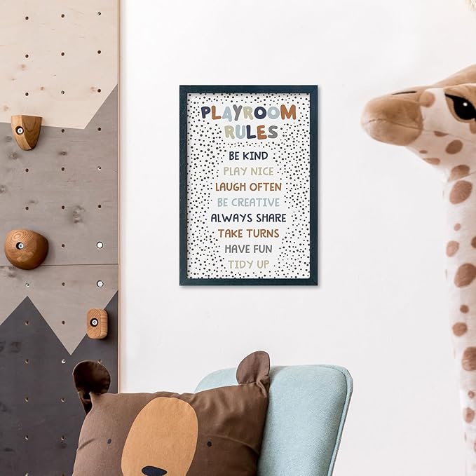 YWJKWLGS Playroom Rules Sign - Wood Framed Wall Art for Kids Room, Nursery, Toddler Bedroom or Playroom, 11x16 Inch Hanging Decor for Boys & Girls (Black)