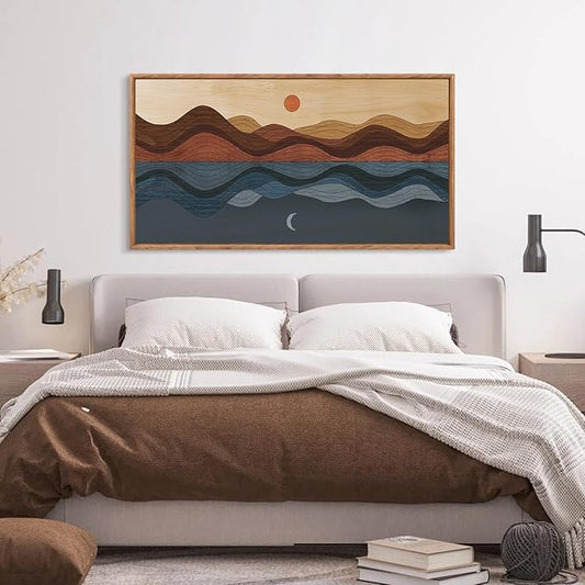 CHDITB Framed Canvas Wall Art for Bedroom, Sun and Moon Long Horizontal Wall Decor, Mid Century Modern Painting, Vintage Abstract Wave Line Poster, Mountain Sea Artwork for Living Room Office 40”X20”