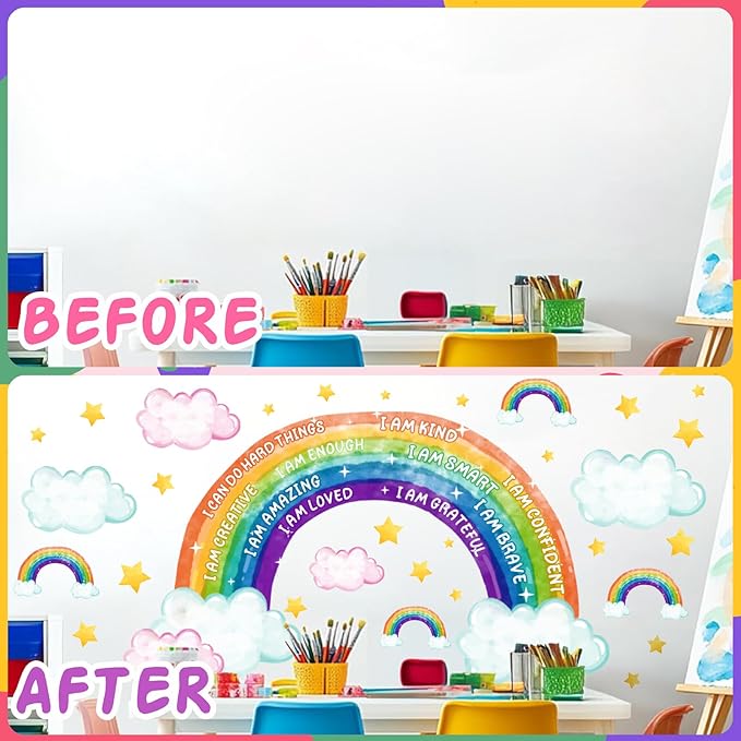 Colorful Rainbow Wall Stickers Inspirational Wall Decal for Kids Boys Girls Bedroom Watercolor Rainbow Walls Decal Peel and Stick Positive Cloud Vinyl Art Murals for Toddler Baby Room Playroom Nursery
