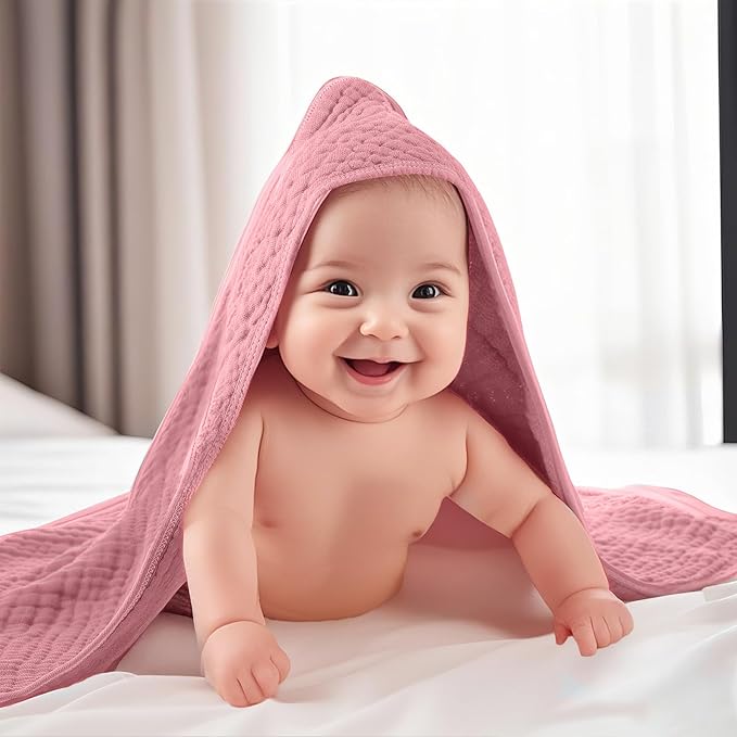 VitalCozy 12 Pcs Baby Muslin Hooded Bath Towels and Washcloths Muslin Cotton Hooded Baby Towels Absorbent Blankets for Gift Newborn Infant Shower (35 x 35 Inch,Multicolor)