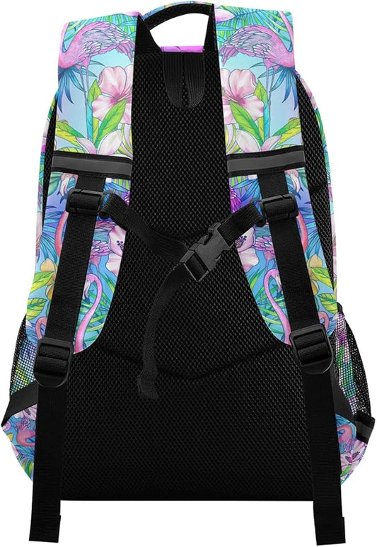MNSRUU School Backpack with Chest Strap, Flamingo Tropical Bird Flower Laptop Backpack One Size