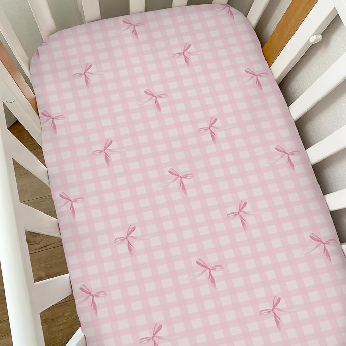 Watercolor Pink Bows Checkered Baby Crib Sheets for Girls Pastel Pink Bows Ribbon Plaid Soft Snug Fitted Crib Mattress Covers for 52''x28'' Standard Crib & Toddler Mattress Girly Valentine Bed Sheets