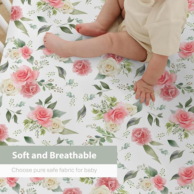 Bloom Rose Green Leaves Baby Crib Sheets for Boy Girl 52"x28" Boho Floral Soft Stretchy Fitted Crib Mattress Cover Spring Summer Flowers Nursery Baby Sheet for Standard Crib & Toddler Bed Mattress