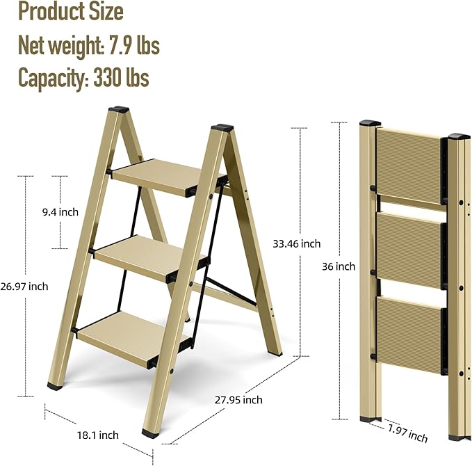 Mayi Plus 3 Step Ladder,Aluminum Folding Step Stool for Adults,Step Ladder with Wide Anti-Slip Pedal,330 lbs Capacity for Home,Office,Kitchen,Library(Gold)