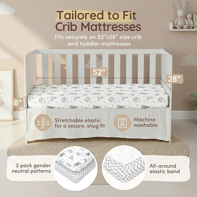 Baby Crib Sheets Boys & Girls Toddler Bed Sheets Cotton Fitted Crib Sheet Sets 28"x52", 8" Deep Pocket, Baby Mattress Sheet 2Pack 100% Cotton, Designed in France, Grey Sloth, Chevron Pattern