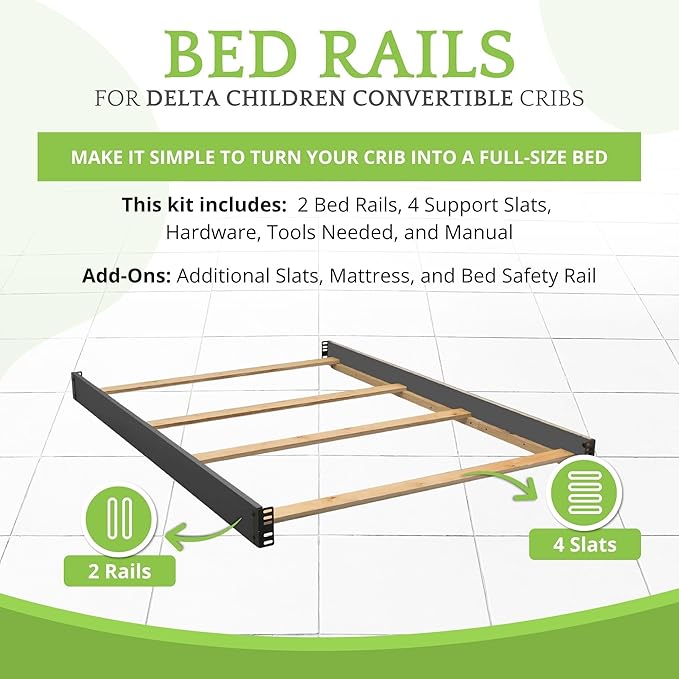 Full-Size Conversion Kit Bed Rails Compatible with Delta Children Convertible Cribs - Solid Wood Rail #0050 - Toddler and Adult Bed Rail for Full-Size Beds - Baby Furniture (Charcoal Grey - 029)