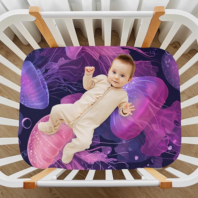 Jellyfishes and Bubbles Pink Crib Sheets Standard Crib Toddler Mattresses Cover Fitted Baby Bed Sheet Breathable Crib Mattress Sheet for Girls Boys 52" x 28"x5''
