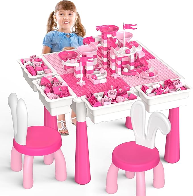 OCATO Kids Toddler Table and Chair Set: Water Table Activity Tables with 152Pcs Large Marble Run Building Blocks 2 Rabbit Chairs Storage All in One Play Sensory Sand Tables 3-6 Year Old Girl Toy Gift