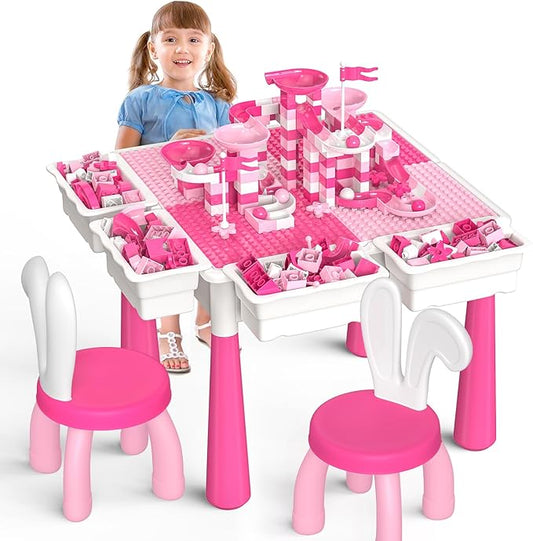 OCATO Kids Toddler Table and Chair Set: Water Table Activity Tables with 152Pcs Large Marble Run Building Blocks 2 Rabbit Chairs Storage All in One Play Sensory Sand Tables 3-6 Year Old Girl Toy Gift