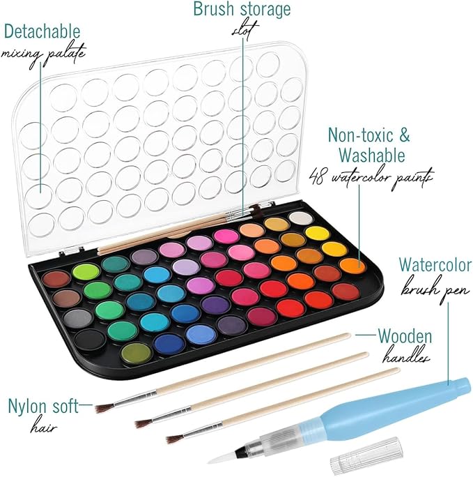 Watercolor Paint Set- 48 Colors Washable Water Paint with Palette, 3 Brushes & Refillable Water Brush Pen, Non Toxic, for Kids, Beginners, Adults & Artists