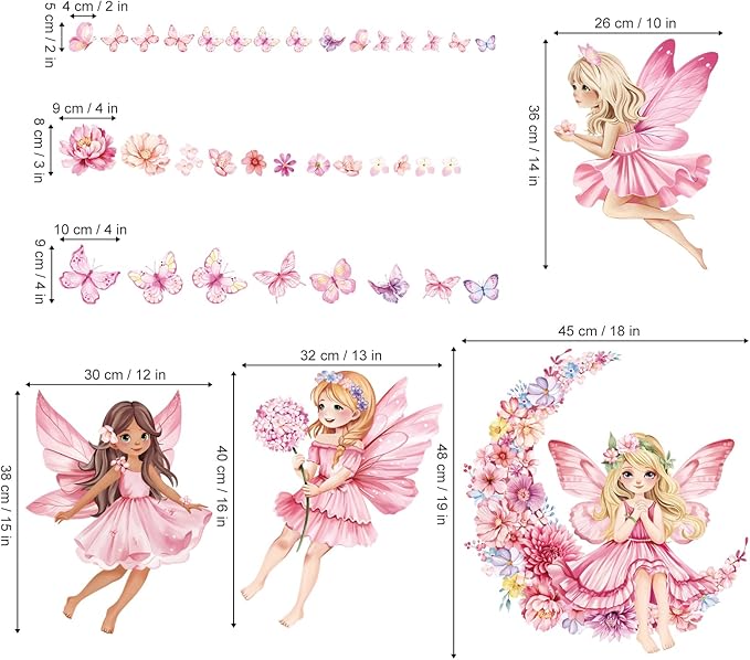 decalmile Pink Fairy Girls Wall Decals Flower Moon Butterfly Wall Stickers Girls Bedroom Baby Nursery Kids Room Wall Decor