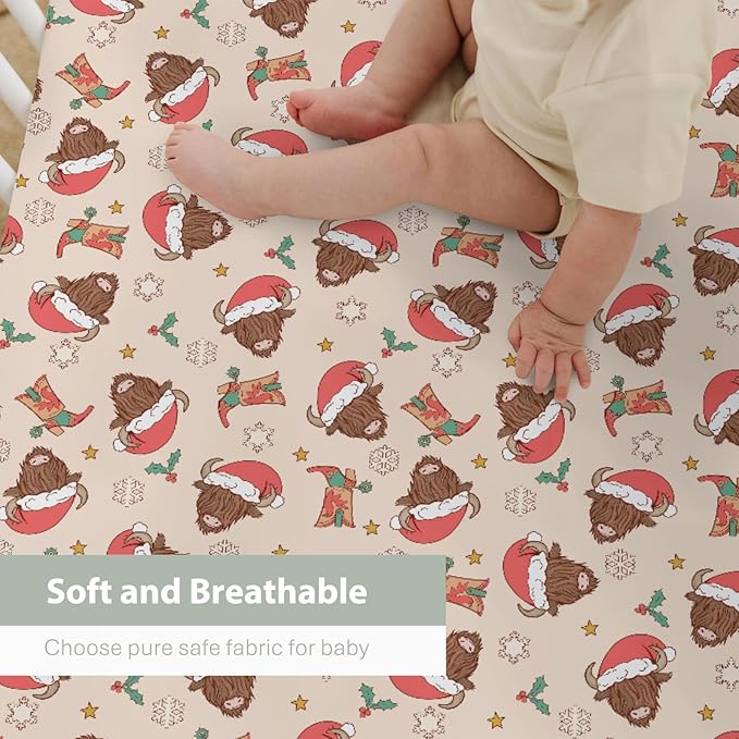 Christmas Highland Cows Baby Crib Sheets for Boy Girl 52x28 Farm Cow Yak Western Boots Snowflakes Soft Fitted Crib Mattress Cover Winter Holiday Baby Sheet for Standard Crib & Toddler Mattress Pad