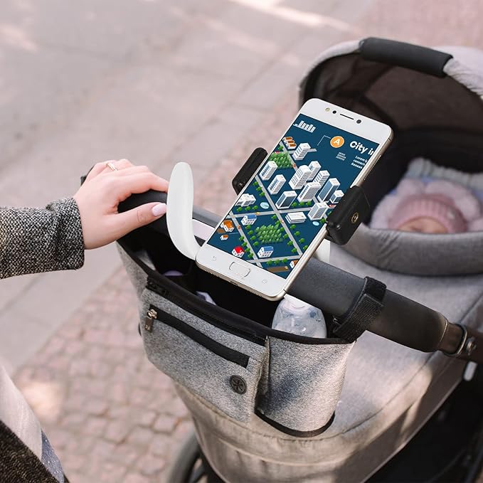 Amylove 2 Pcs Stroller Phone Holder Portable Cell Phone Holder Stand Universal Stroller Accessories for Parent Baby Toddler Cellphone Clamp with Non Slip Silicone Arm Grip(Black, White,Novel)