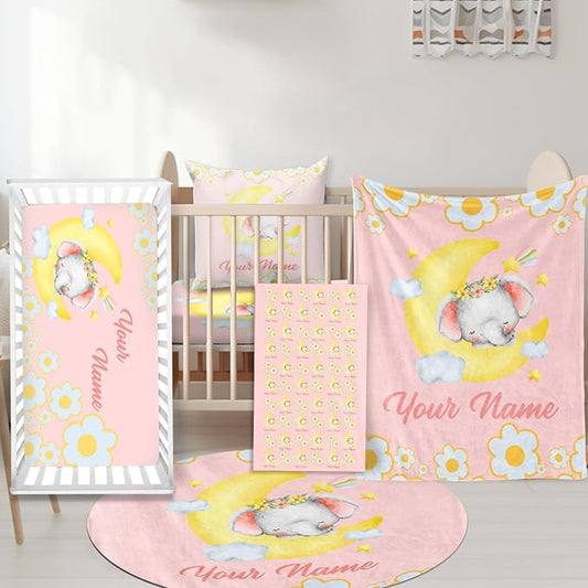 Custom Nursery Crib Bedding Set: Personalized Nursery Decor Baby Blanket Fitted Crib Sheet Changing Pad Cover Baby Room Rug Sleeping Elephant Moon Pattern Gift Idea(Fixed Size)