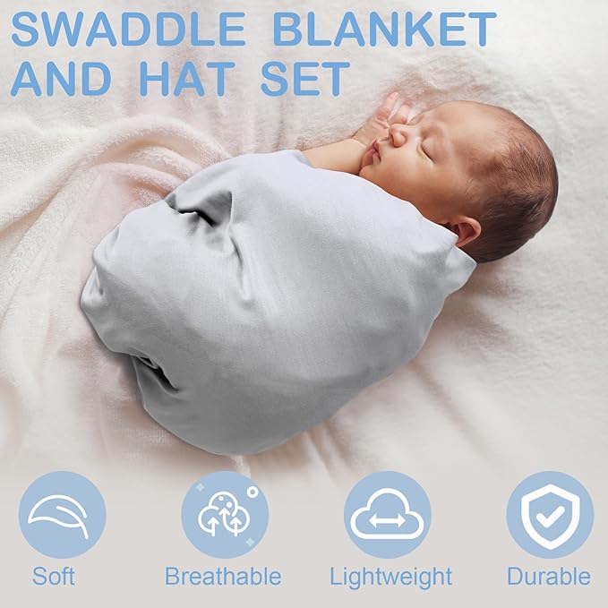 JaGely 2 Pack Baby Newborn Swaddle Blanket and Hat Set 47" x 47" Large Stretchy Receiving Blankets Set for Newborn Baby(Light Gray, Light Blue)