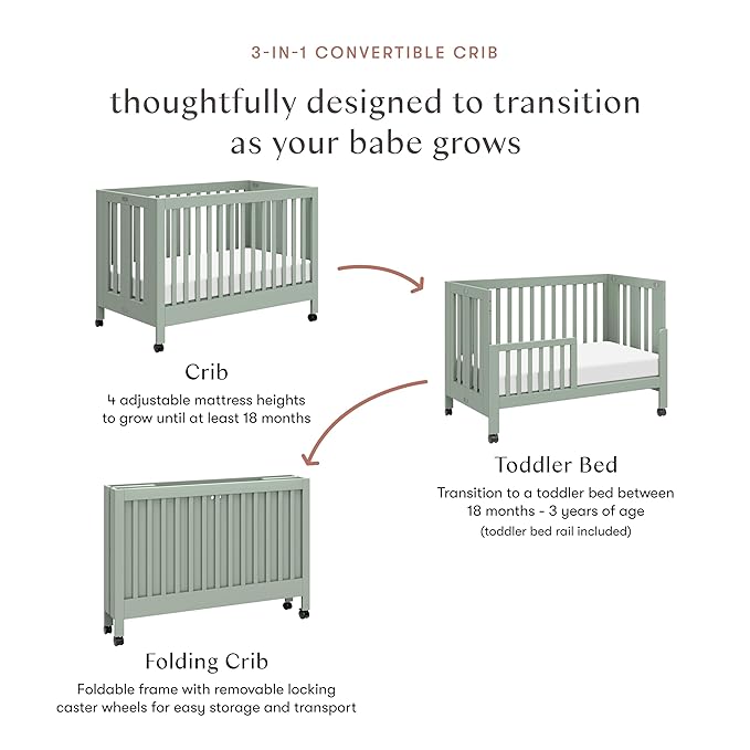 Babyletto Maki 2-in-1 Portable Folding Crib with Toddler Bed Conversion Kit in Light Sage, Greenguard Gold Certified
