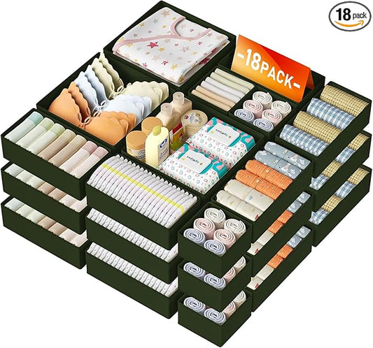 DIMJ Drawer Organizer Clothes - 18 Pack Closet Drawer Organizer Bins for Baby Clothes Storage, Fabric Dresser Organizer for Nursery Bedroom, Foldable Small Drawer Dividers for Underwear Socks