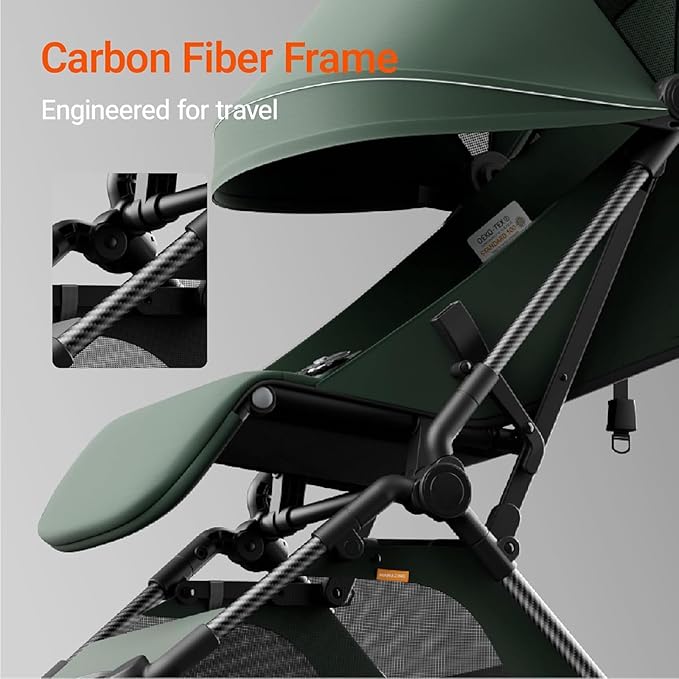 MAMAZING Lightweight Baby Travel Stroller with Carbon Fiber Frame, Compact & Airplane-Friendly, One-Handed Folding Design, 11.6 lbs, Perfect for Toddlers, Organizer & Cushion Included, Green
