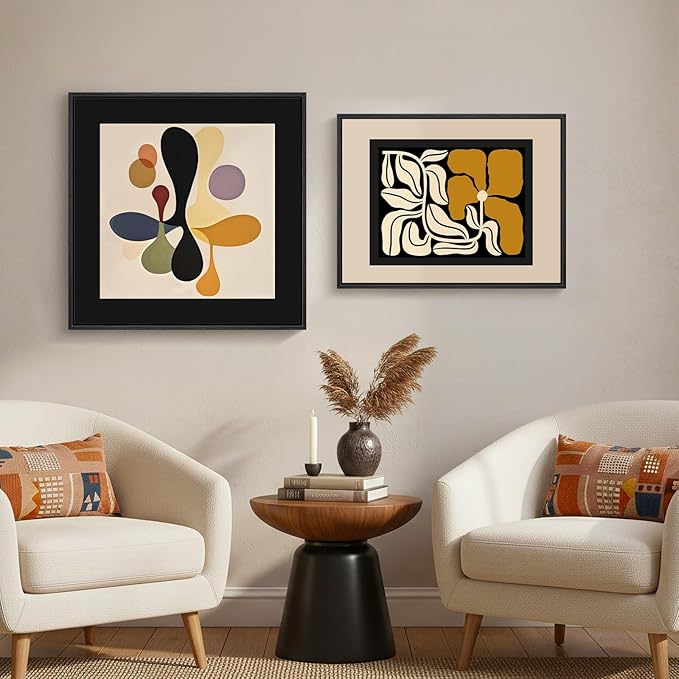 Framed Abstract Boho Bedroom Wall Art Set of 2, Neutral Black Floral Canvas Artwork for Walls, Mid Century Modern Design Art Paintings Prints for Living Room Bedroom Hallway Kitchen, 24x24 & 24x18 In