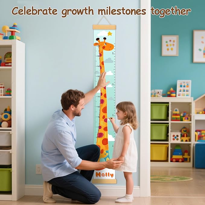Personalized Name Kid Height Measurement for Wall, Giraffe Canvas Growth Chart Removable, Waterproof Height Chart for Kids Boys Girls Toddler, Playroom Wall Decor Growth Chart for Wall