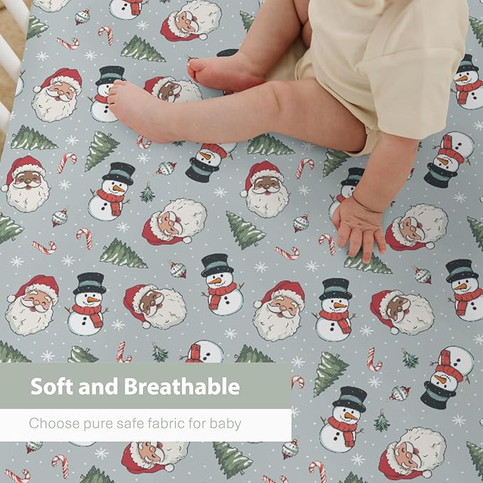 Vintage Christmas Baby Crib Sheets for Boy Girl 28"x52" Xmas Santa Snowman Tree Soft Stretchy Fitted Crib Mattress Cover Winter Holiday Baby Sheet for Standard Crib and Toddler Mattress