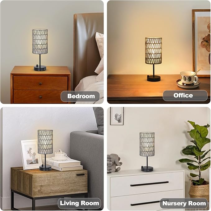 Eayaya Gray Bedside Lamps Set of 2, Touch Control Night Stand Lamp for Bedroom with Rattan & Linen Shade & Bulbs, 3 Way Dimmable Small Boho Table Lamps with USB Charging Port & Phone Stand