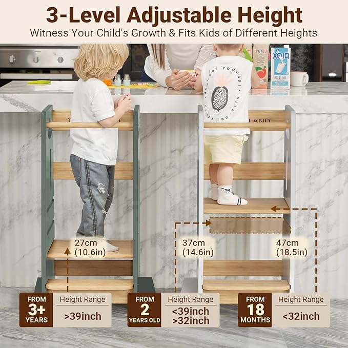 COSYLAND 3 Levels Adjustable Toddler Standing Tower - 33.5IN/85CM Stable Kids Kitchen Step Stool with Protective Crossbar - Wooden Toddler Kitchen Stool Helper(Green & Natural)