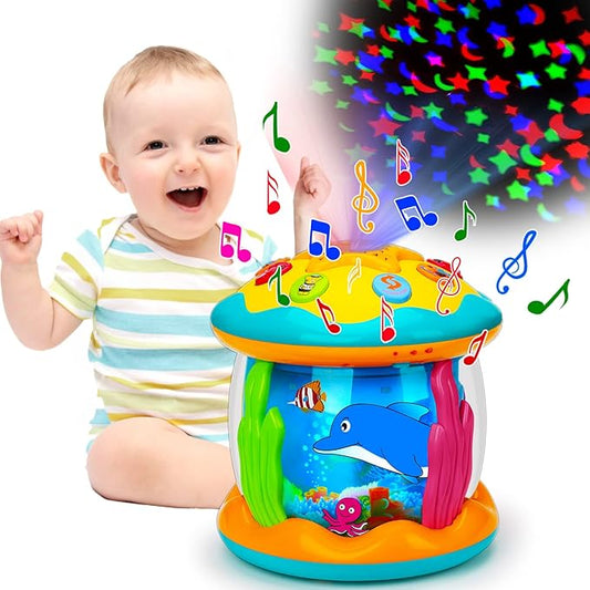 Tsomtto Baby Musical Light Up Tummy Time Toy Ocean Rotating Projector Infant 18 Month Baby Aquarium Learning Crawling Birthday Newborn for 1 2 3 Year Old Boy Girl