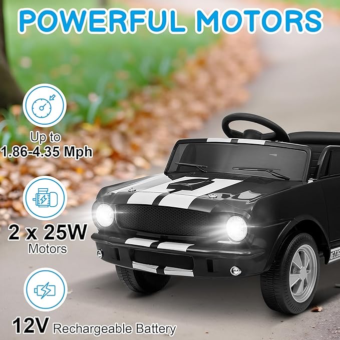 Winado 12V Licensed Shelby Electric Car for Kids, Battery Powered Ride On Toy for Toddlers with Remote Control, Upgrade Panel, Bluetooth, Shock Absorbers, Safety Belt, 3 Speeds, LED Lights - Black