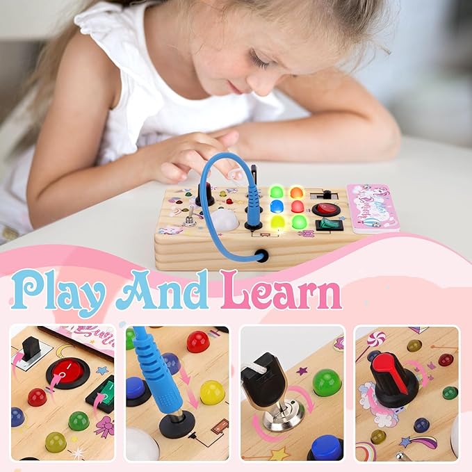 Hoarosall Unicorn Wooden Busy Board Sensory Toys with 8 LED Light switches,Christmas Travel Toys Montessori Toys for 1 Year Old Babies Toodler